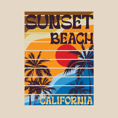 Sunset Beach California summer designs Sunshine Palm tree typography retro tropical poster graphic design for t shirt print vector