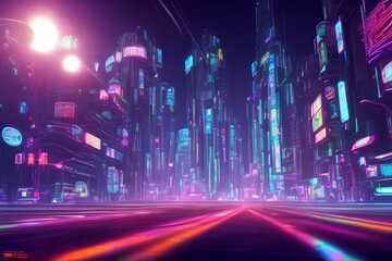 Photo realistic 3d visual of futuristic city to include cyberpunk. Empty street with neon lights. Beautiful night city view. Grunge kids landscape - generative ai