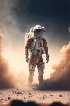 Astronaut Standing On A Deserted Land Exploring New Worlds. Futuristic concept. Generative AI