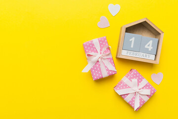 Valentine Day theme with wooden block calendar. Greeting card template for Valentines Day copy space for text