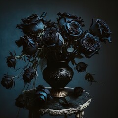 A bouquet of wilted dark blue, almost black roses. Symbolizing lost love, breakups, sadness, evil, funeral.