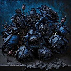 A bouquet of wilted dark blue, almost black roses. Symbolizing lost love, breakups, sadness, evil, funeral.