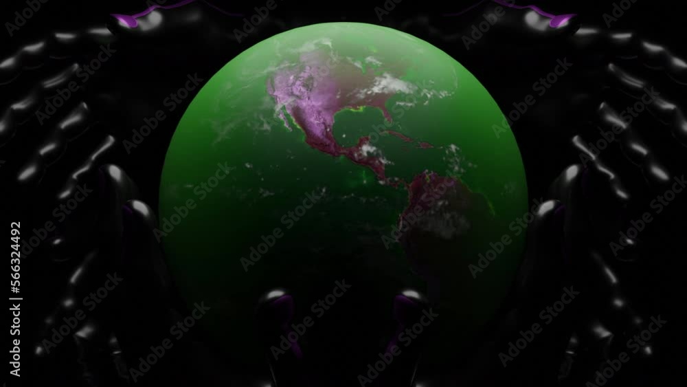 Poster black background with rotating planet and patterns. design. around its axis is a rotating planet ear