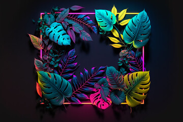 Aesthetic leaf frame background, neon botanical design, copy space. Generative AI	