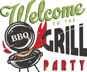 T-shirt colored print with barbeque maker and sausage for picnic, grill party and camping