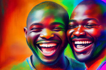 Two young smiling men together, best friends, ai illustration