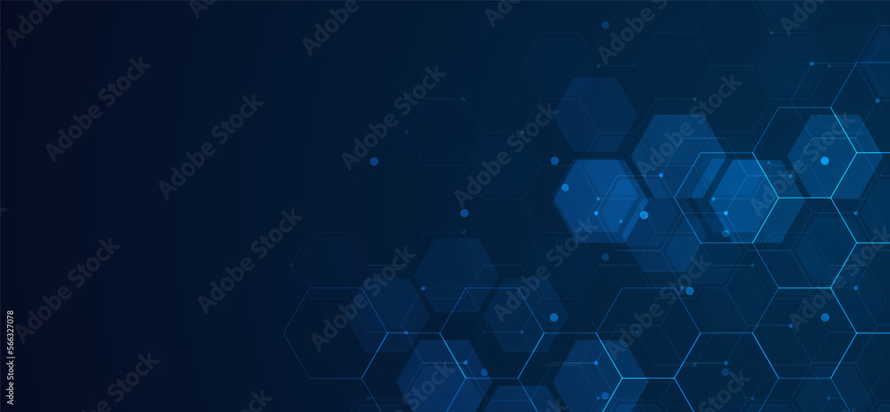 Poster digital technology background. abstract hexagons background with lines and dots. design for science,