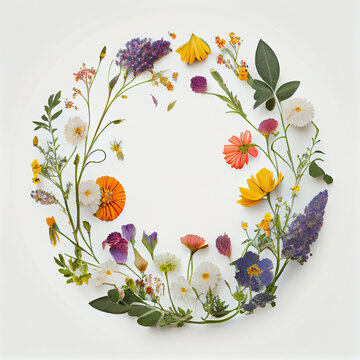 Flower cirkle on white, created with Generative AI technology.