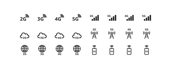 Phone network icon set. 2g, 3g, 4g, 5g. Vector EPS 10