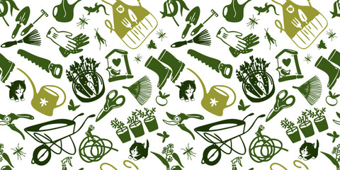 Seamless pattern with garden tools in cartoon style. Vector set of garden equipment. Gardening Set of icons. Agriculture Icons. Sowing seeds.