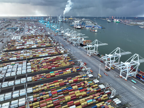 Rotterdam, 19th of January 2023, The Netherlands. Aerial Drone Footage of ECT Delta Terminal: The Future of Container Shipping