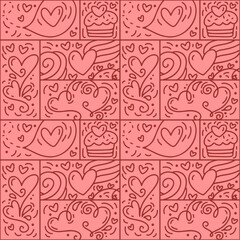 Fototapeta na wymiar Valentines logo vector seamless pattern love, cake, heart line and abstract on pink background. Hand drawn monoline constructor for romantic greeting card