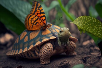  a turtle with a butterfly on top of it's head next to a turtle with a butterfly on top of it's head.  generative ai