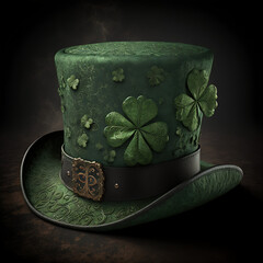 Happy St Patricks Day leprechaun hat with Shamrock lucky charms on vintage style, Generative Ai