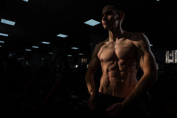 Fototapeta na wymiar Shirtless man with sculpted body in the gym. 