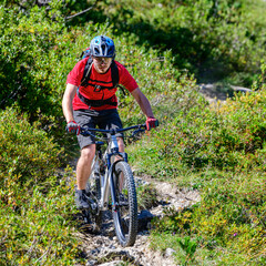 Fototapeta premium Mountainbiker bei einer kniffligen Fahrt auf einem verblockten Single Trail im Gebirge