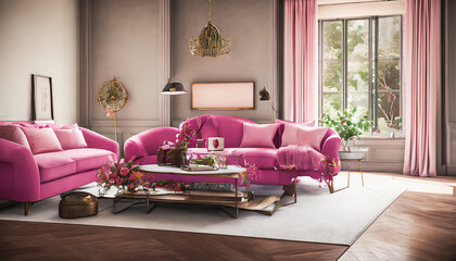 Romantic pink room decorated for Valentine's Day, hearts, flowers, love symbols. Generative AI