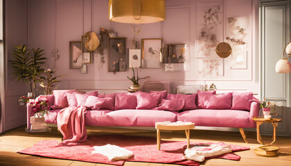 Romantic pink room decorated for Valentine's Day, hearts, flowers, love symbols. Generative AI