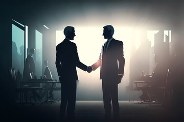 Two Business Men Shaking Hands In Office Wearing Suits illustration. Business success. Generative AI.