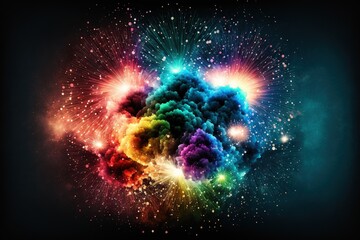  a multicolored explosion of light and smoke against a black background with a black background and a black background with a black border and white border.  generative ai