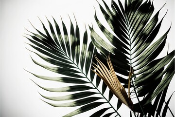  a close up of a palm leaf on a white background with a black and white photo of the leaves of a palm tree in the foreground.  generative ai