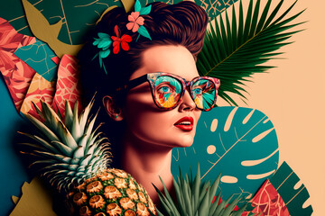Fashion Girl Wearing Sunglasses and Pineapple, Tropical leaf. Paper Collage Illustration, Hand made, Scrapbook, Сoncept of beauty and vacation. 2023s. Generative AI - obrazy, fototapety, plakaty