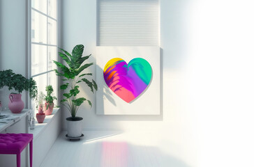 A bright room with a heart in the center, neural networks. Love likes and social networks. 