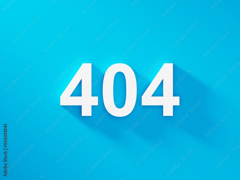 Poster 404 error white text on blue background with soft shadow, page not found