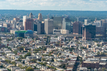 Aerial view of the skyline of Newark, New Jersey, The Passaic River and the surrounding areas