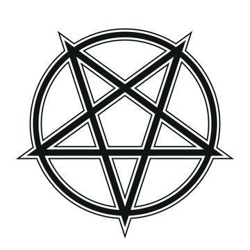 Pentagram - black and white vector illustration of simple five-pointed star with border in circle, isolated on white