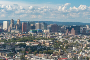 Fototapeta premium Aerial view of the skyline of Newark, New Jersey, The Passaic River and the surrounding areas