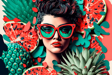 2023s Fashion Girl Wearing Sunglasses and Pineapple, Watermelon. Paper Collage Illustration, Hand made, Scrapbook, Сoncept of beauty and summer time.  Generative AI