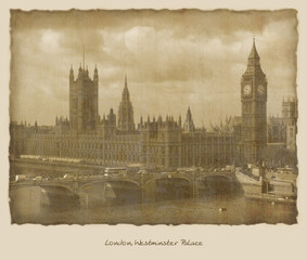 Westminster Palace on the bank of the Thames stylized in the Victorian style. Vintage postcard. 