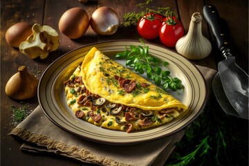  an omelet on a plate with mushrooms, tomatoes, garlic, and other ingredients on a wooden table with a knife and fork.  generative ai