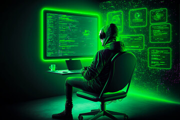 Freelancer program developer working on new app software, sitting in comfortable chair, typing in front of pc, isolated on digital wall with code. Generative AI