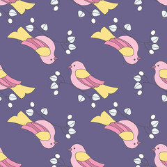 seamless repeat pattern with simple and beautiful colorful birds and small stem with leaves and cherry on indigo blue background perfect for fabric, scrap booking, wallpaper, gift wrap projects
