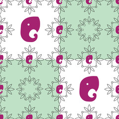 seamless repeat pattern with simple amaranth deep purple elephant heads on a white and jet stream green  giving a quilting effect perfect for fabric, scrap booking, wallpaper, gift wrap projects
