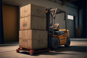 Forklift stacking boxes in a warehouse. Generative AI.