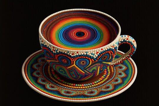 Coffee cup in huichol yarn painting style, concept of Huichol Art and Yarn Art, created with Generative AI technology