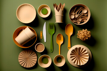 Recycled Eco-friendly tableware made of environmental materials on a green background.  Flat lay, knolling concept. Generative AI.