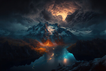 landscape of lighting over the mountains having a dramatic composition. Generative Ai