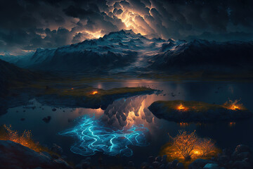 landscape of lighting over the mountains having a dramatic composition. Generative Ai