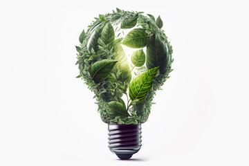 Obraz na płótnie Canvas Ecology lightbulb symbol made from leaves, eco concept illustration on white background, generative, ai