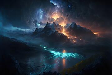 landscape of lighting over the mountains having a dramatic composition. Generative Ai