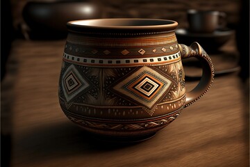 Coffee cup in wounaan style, concept of Basket-weaving and Indigenous Art., created with Generative AI technology - obrazy, fototapety, plakaty