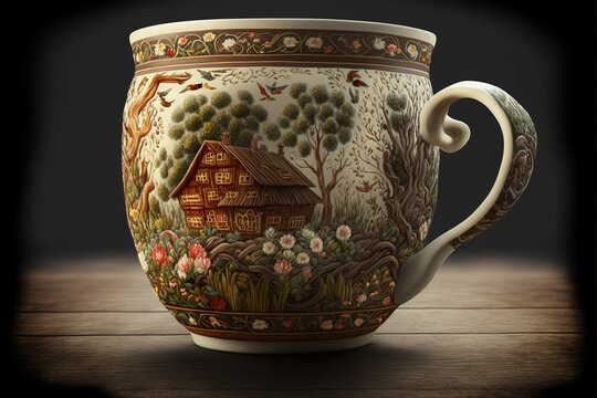 Coffee cup in zhostovo style, concept of Folk Art and Hand-Painted, created with Generative AI technology