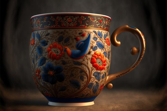 Coffee cup in zhostovo style, concept of Folk Art and Hand-Painted, created with Generative AI technology