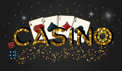Naklejka premium Golden glittering casino text for gambling banner design decorated with playing card, dices, poker chips, token.