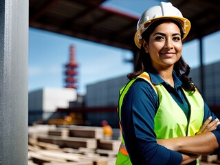 Woman wearing hard hat on a construction site. Made with Generative AI.