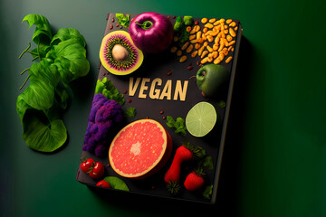 Vegan diet recipe Book of fruits and vegetables and greens for a green background. Healthy food, vegan diet. Generative AI.